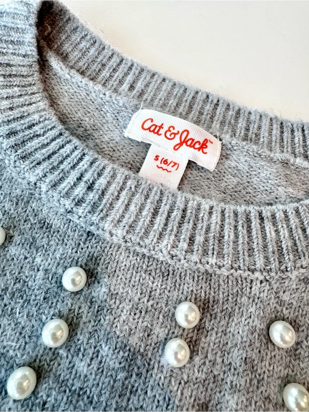 Cat & Jack Girls’ Gray Pearl-Embellished Crewneck Sweater, Size S (6-7)
